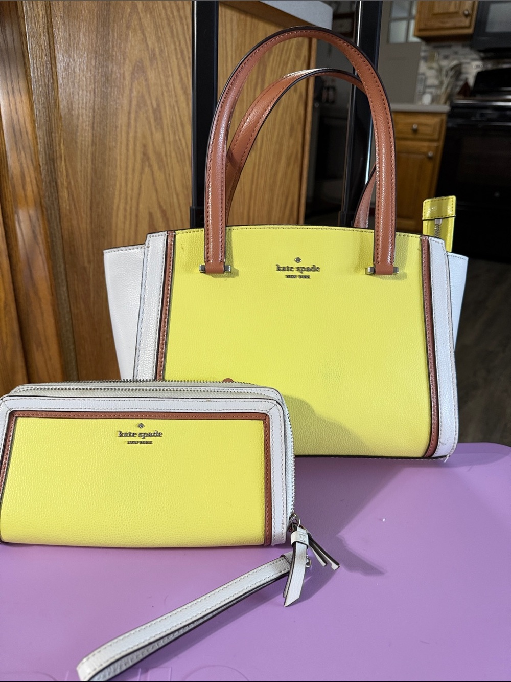 kate spade Yellow, White & Brown Colorblock Leather Tote with Matching Wallet